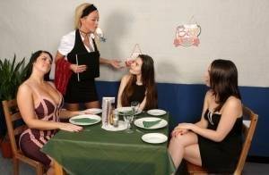 Girls lunch break turns into CFNM mealtime encounter in hot reverse gangbang on leaks.pics