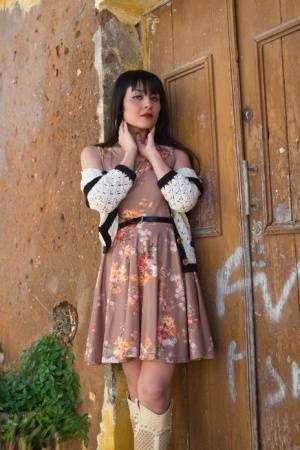 Asian model Sophia Jade flashes her upskirt panties on a cobblestone street on leaks.pics