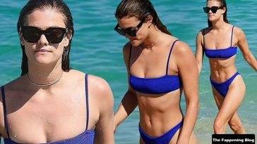 Nina Agdal Stuns in a Blue Bikini as She Goes For a Dip in the Ocean on leaks.pics